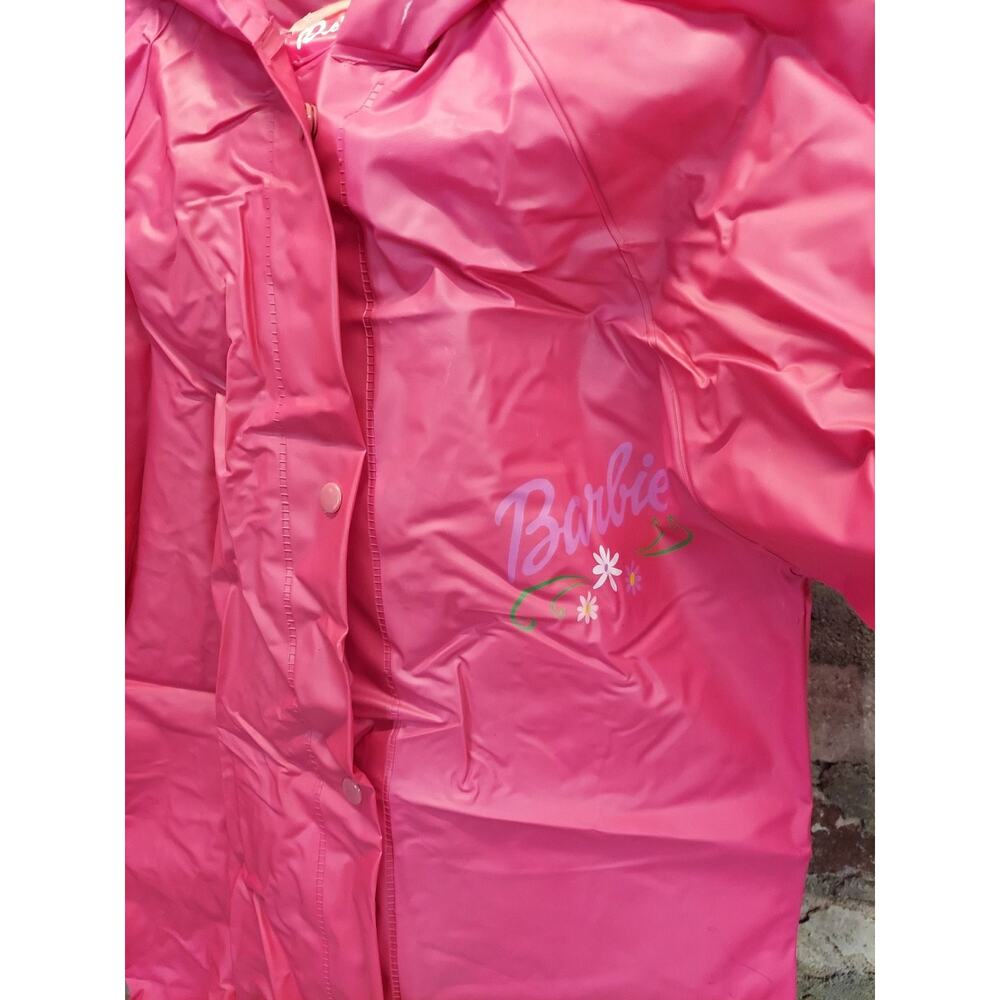 Barbie Girls Hooded Raincoat Pink Rain Jacket Slicker Snap Front Graphic 5t - Picture 2 of 4